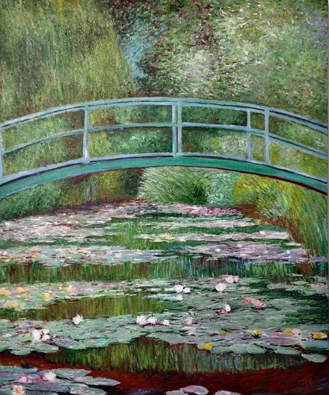 Hand Painted Claude Monet Bridge Over A Pond of Waterlilies