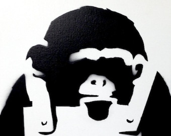 In Stock Spray Paint Stencil On Stretched Canvas 12x12x1-3/8 Banksy Inspired Monkey