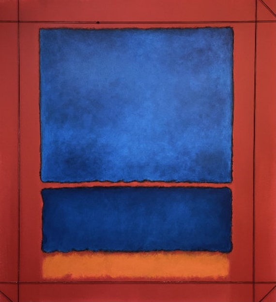 Hand Painted Blue, Orange, Red Abstract Color Field Painting on