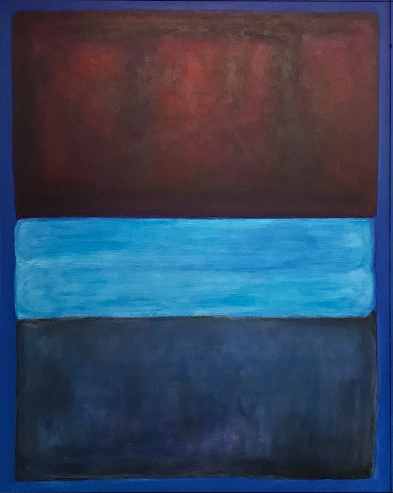 Hand Painted Rust And Blue Abstract Color Field Painting On Canvas