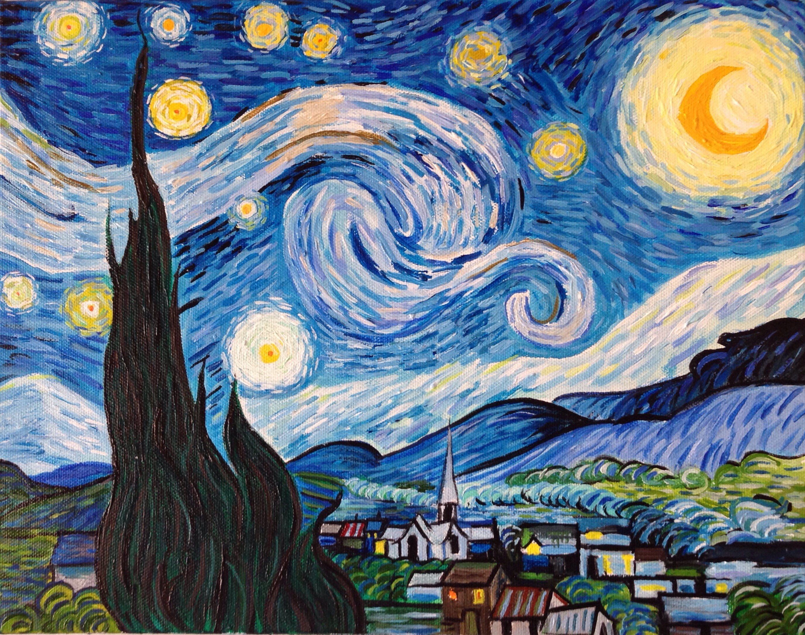 Hand Painted Vincent Van Gogh Starry Night Reproduction By Jpk Etsy
