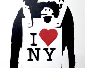 In Stock Banksy Inspired Spray Paint On Stretched Canvas 18x24 Monkey I Love NY