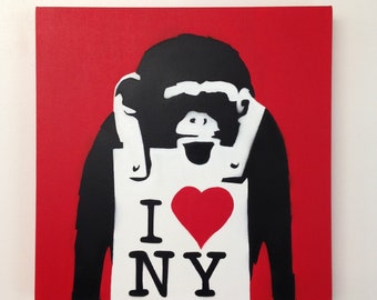 In Stock Spray Paint Stencil On Stretched Canvas 18x18x1-1/2  Banksy Inspired I Love New York