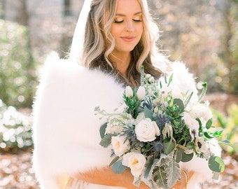 Ivory Faux Fur Bridal Wrap, Wedding Fur Shrug, Bridal Faux Fur Stole Fur Shawl Cape, wedding faux fur wrap (Butterfly Ivy03)