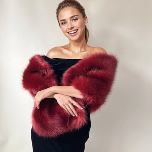 Red faux fur bridal wrap, Wedding Fur shrug, Wine Red Fur Wrap, Bridal Faux Fur Stole Fur Shawl Cape, wedding faux fur wrap (Lilian Red03)