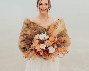 Super Soft Brown Faux Fur Bridal Wrap, Wedding Fur Shrug, Viking Wedding Fur Cloak, Bridal Faux Fur Stole Fur Shawl Cape (Butterfly Cho07)
