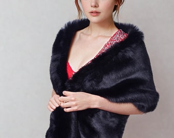 Black Faux Fur Wrap, Faux Fur Shrug, Black Faux Fur Wrap, Black Fur Shawl, Bridal Faux Fur Stole Fur Shawl Cape (Lilian Blk07)