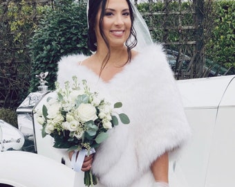 Ivory with black faux fur bridal wrap, Wedding Fur shrug, White Fur Wrap, Bridal Faux Fur Stole Fur Shawl Cape (Butterfly Wht03)
