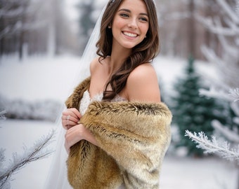 Super Soft Brown Faux Fur Bridal Wrap, Wedding Fur Shrug, Viking Wedding Fur Cloak, Bridal Faux Fur Stole Fur Shawl Cape (Butterfly Brw04)
