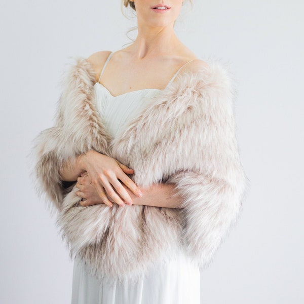 Blush Nude faux fur bridal wrap, Wedding Fur shrug, Bridal Fur, Fur Wrap, Bridal Faux Fur Stole Fur Shawl Cape (Butterfly Blu02)