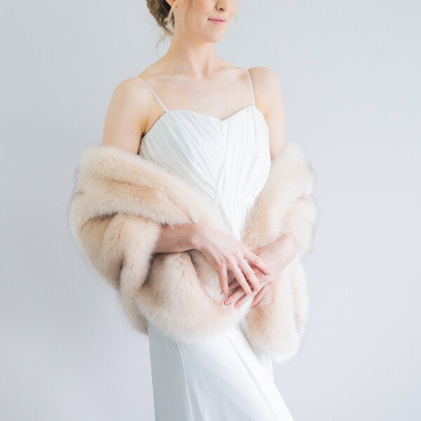 Blush / Beige / Nude / Light Brown fur shawl,  Wedding Fur shrug, faux Fur Wrap, Bridal Faux Fur Stole Fur Shawl Cape (Butterfly Blu03)