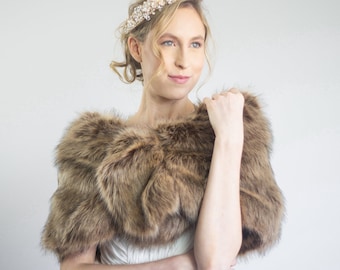 Brown faux fur bridal wrap, Wedding Fur shrug, Fur Wrap, Bridal Faux Fur Stole Fur Shawl Cape, wedding faux fur wrap (Blair Brw03)