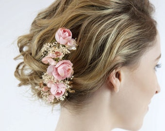 Ivory / Pink hair pin, Dry Flower Hair comb, Floral wedding headpiece, Bridal comb, bridal hair pins, wedding hair accessories