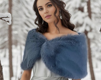 Navy Blue Fur / Dark Grey Faux Fur Wrap / Shawl / Wedding Fur / Bridesmaid Gifts, Bridal Faux Fur Stole Fur Shawl (Serena GRY05)