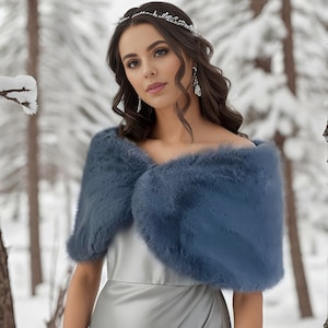 Navy Blue Fur / Dark Grey Faux Fur Wrap / Shawl / Wedding Fur / Bridesmaid Gifts, Bridal Faux Fur Stole Fur Shawl (Serena GRY05)
