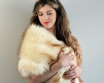 Gold Champagne Faux Fur bridal Wrap, Wedding Fur Shrug, Bridal Faux Fur Stole Fur Shawl Cape (Lilian Cha02)
