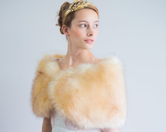 Gold Champagne faux fur bridal wrap, Wedding Fur shrug, Brown Fur Wrap, Bridal Faux Fur Stole Fur Shawl Cape (Serena Cha03)