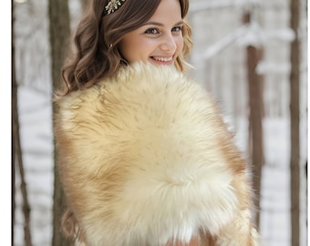 Gold Champagne Faux Fur bridal Wrap, Wedding Fur Shrug, Bridal Faux Fur Stole Fur Shawl Cape (Lilian Cha02)