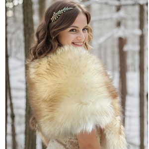 Gold Champagne Faux Fur bridal Wrap, Wedding Fur Shrug, Bridal Faux Fur Stole Fur Shawl Cape (Lilian Cha02)