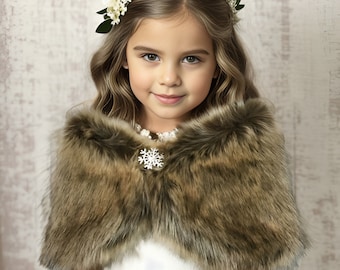 Brown Flower Girl Faux Fur Wrap, Flower Girl Fur Shawl, Winter Wedding Fur, Flower Girl Gifts, Kid Fur Cape, Flower Girl Coat (Kid Brw03)