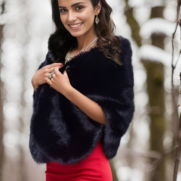 Black faux fur bridal wrap, Wedding Fur shrug, Black Fur Wrap, Bridal Faux Fur Stole Fur Shawl Cape (Butterfly Blk07)