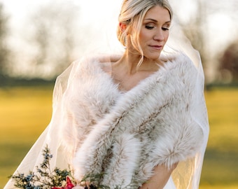 Blush Faux Fur Bridal Wrap, Fleece Lined Wedding Stole