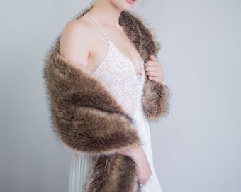 Brown faux fur bridal wrap, Wedding Fur shrug, Bridal Faux Fur Stole Fur Shawl, wedding faux fur wrap (Lilian Brw03)