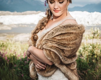 Super Soft Brown Faux Fur Bridal Wrap, Wedding Fur Shrug, Viking Wedding Fur Cloak, Bridal Faux Fur Stole Fur Shawl Cape (Butterfly Brw04)