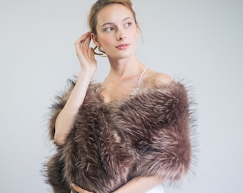 Brown faux fur bridal wrap, Wedding Fur shrug, Brown Fur Wrap, Bridal Faux Fur Stole Fur Shawl Cape  (Lilian DBrw02)