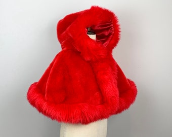 Red Riding Hood Flower Girl Faux Fur Cape, Red Children Fur Coat, Children Fur Cape (Amy Red01)