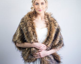 Super Soft Brown Faux Fur Bridal Wrap, Wedding Fur Shrug, Viking Wedding Fur Cloak, Bridal Faux Fur Stole Fur Shawl Cape (Butterfly Brw04)
