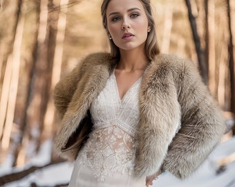 Brown Faux Fur Coat, Brown Fur Jacket, Bridal Fur Coat, Faux Fur Bolero, Winter Fur Coat, White Bridal Jacket, Wedding Jacket  (Anna Brw07)