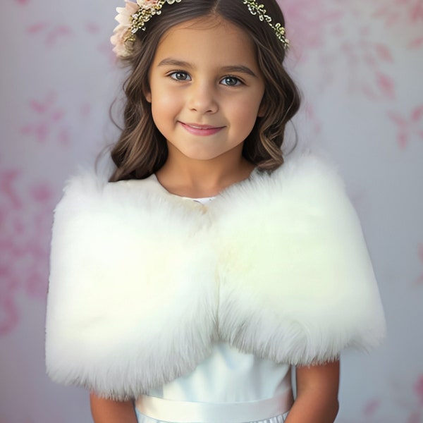 Light Ivory Flower Girl Faux Fur Wrap, Shawl (Kid Wht01)