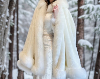 Super Warm Faux Fur Bridal Cape, Christmas Fur Cape,  Wedding Fur Wrap, Bridal Faux Fur Stole Fur Shawl (Juliet Wht01)