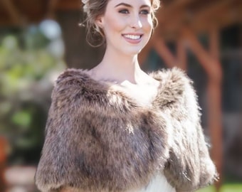 Brown faux fur bridal wrap, Wedding Fur shrug, Brown Fur Wrap, Bridal Faux Fur Stole Fur Shawl, wedding faux fur wrap (Serena Brw03) Sale