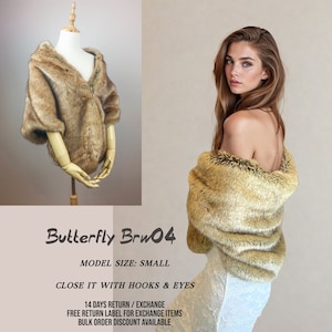 May include: A brown faux fur shawl with a butterfly design. The shawl is shown on a mannequin and a model. The text "Butterfly Brw04" is displayed above the image. The text "MODEL SIZE: SMALL" is displayed below the image. The text "CLOSE IT WITH HOOKS & EYES" is displayed below the image. The text "14 DAYS RETURN/EXCHANGE" is displayed below the image. The text "FREE RETURN LABEL FOR EXCHANGE ITEMS" is displayed below the image. The text "BULK ORDER DISCOUNT AVAILABLE" is displayed below the image.