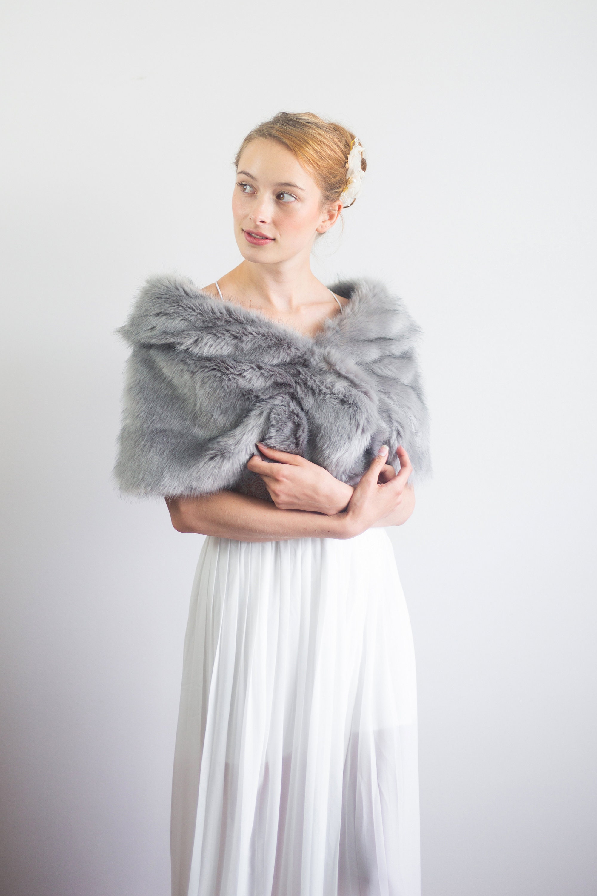 Gray faux fur bridal wrap Wedding Fur shrug Brown Fur Wrap | Etsy