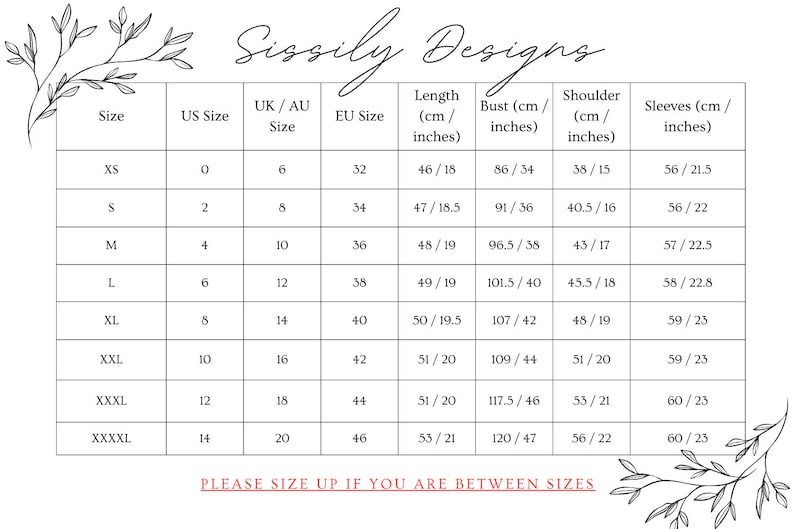 May include: Size chart for clothing with measurements in inches and centimeters. The chart includes sizes XS to XXXXL, US sizes 0 to 14, UK/AU sizes 6 to 20, EU sizes 32 to 46, length, bust, shoulder, and sleeve measurements.