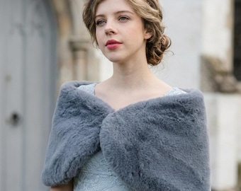 Navy Blue Fur / Dark Grey Faux Fur Wrap / Shawl / Wedding Fur / Bridesmaid Gifts, Bridal Faux Fur Stole Fur Shawl (Serena GRY05)