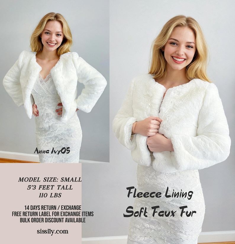 May include: White faux fur cropped jacket with a fleece lining. The jacket is shown on a model wearing a white lace dress. The text "Fleece Lining Soft Faux Fur" is displayed on the image.