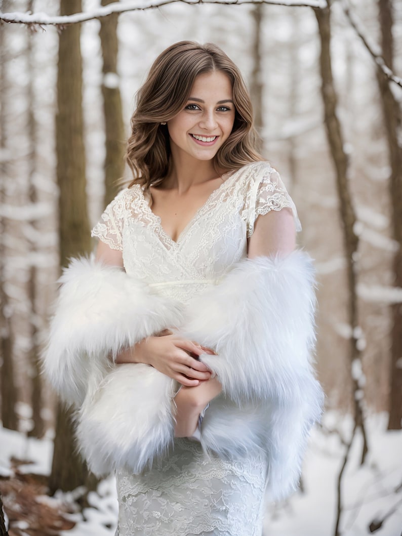 Blush with Black Tips Faux Fur Bridal Wrap, Wedding Fur Shrug, Bridal Fur, Fur Wrap, Bridal Faux Fur Stole Fur Shawl Cape (Butterfly Blu02) image 8