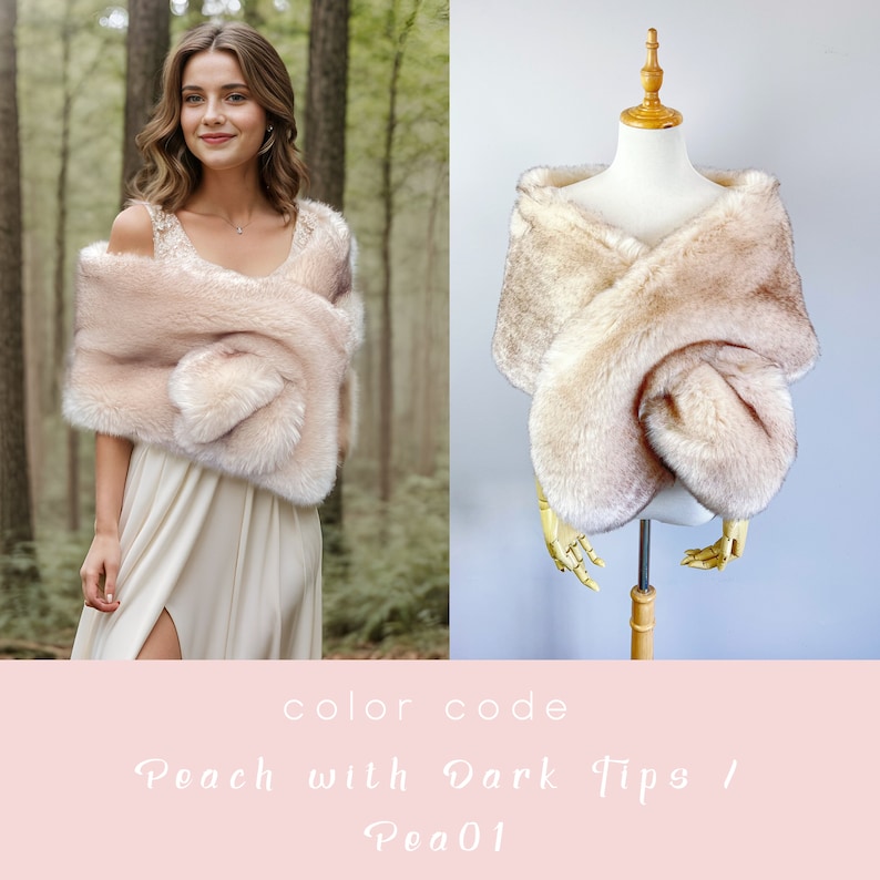 May include: A peach faux fur shawl with darker tips. The shawl is draped over a mannequin and is shown in a close-up view.