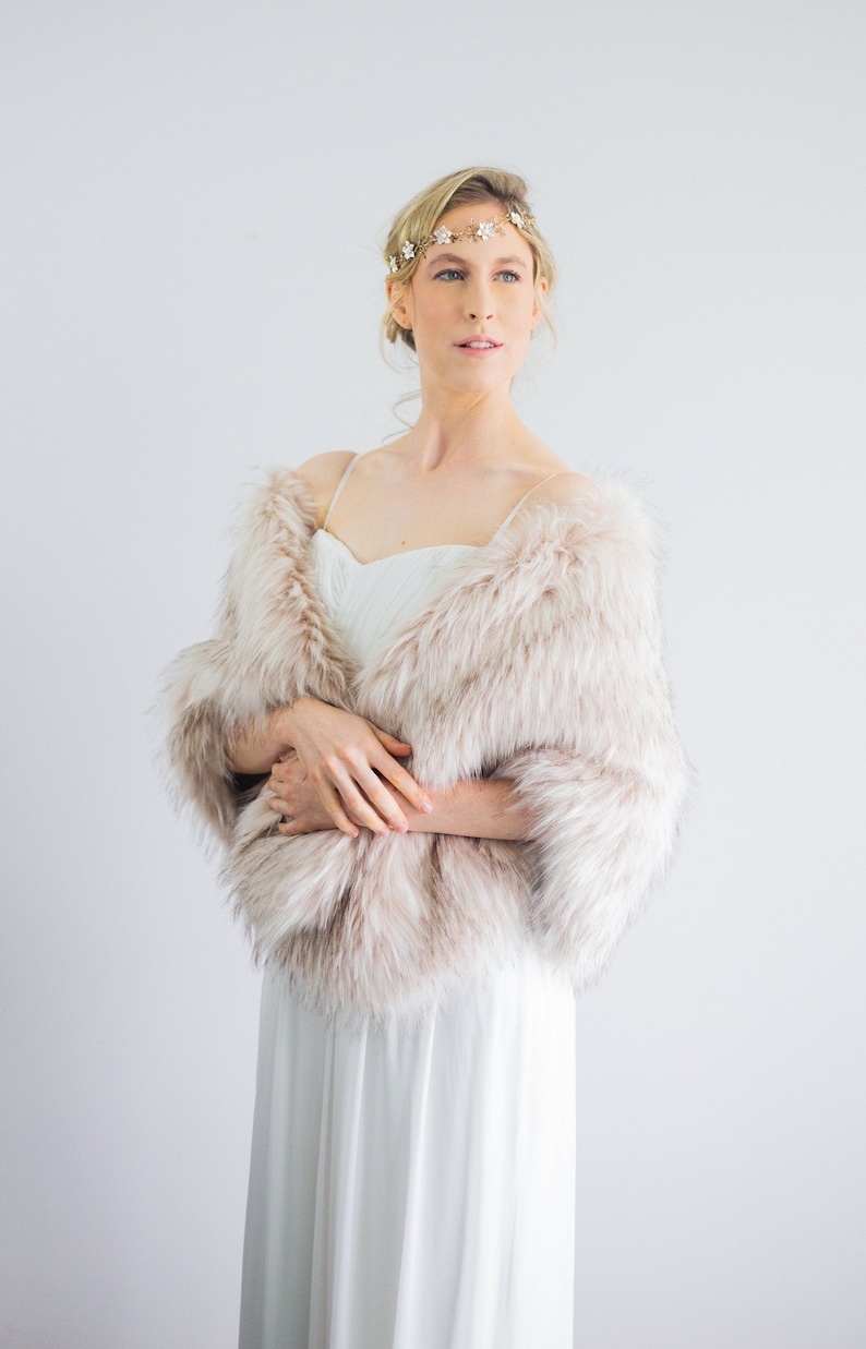 Blush with Black Tips Faux Fur Bridal Wrap, Wedding Fur Shrug, Bridal Fur, Fur Wrap, Bridal Faux Fur Stole Fur Shawl Cape (Butterfly Blu02) image 4