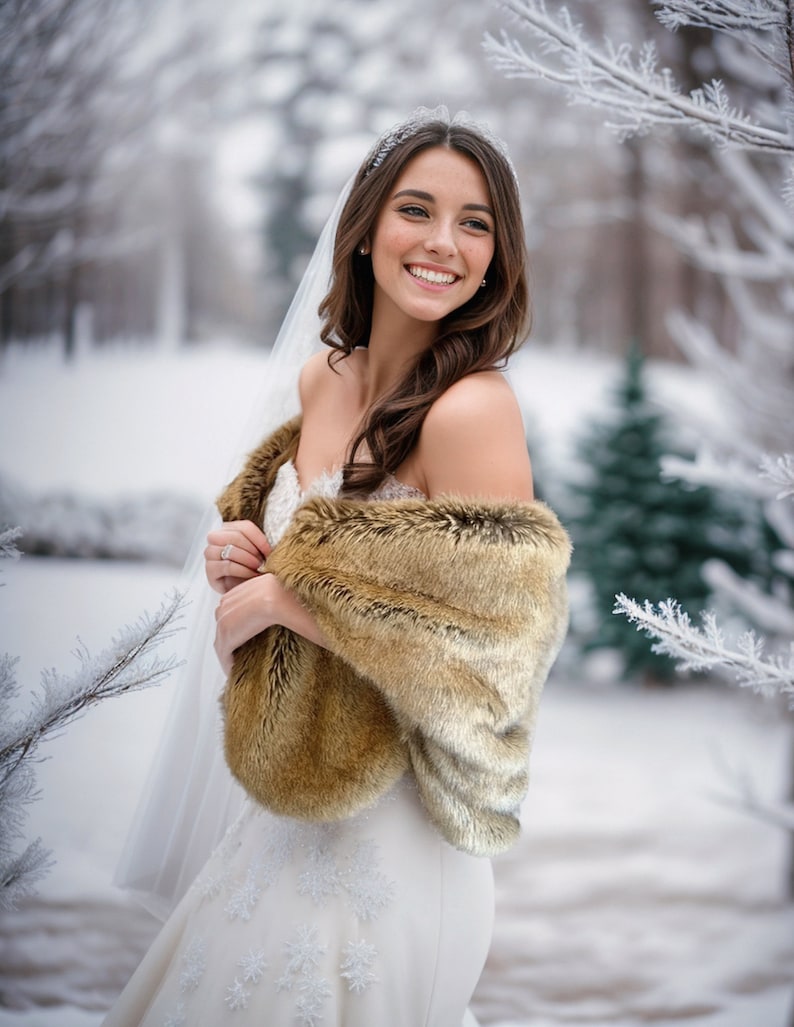 May include: A bride wearing a white wedding dress with a faux fur shawl, standing in a snowy winter setting.