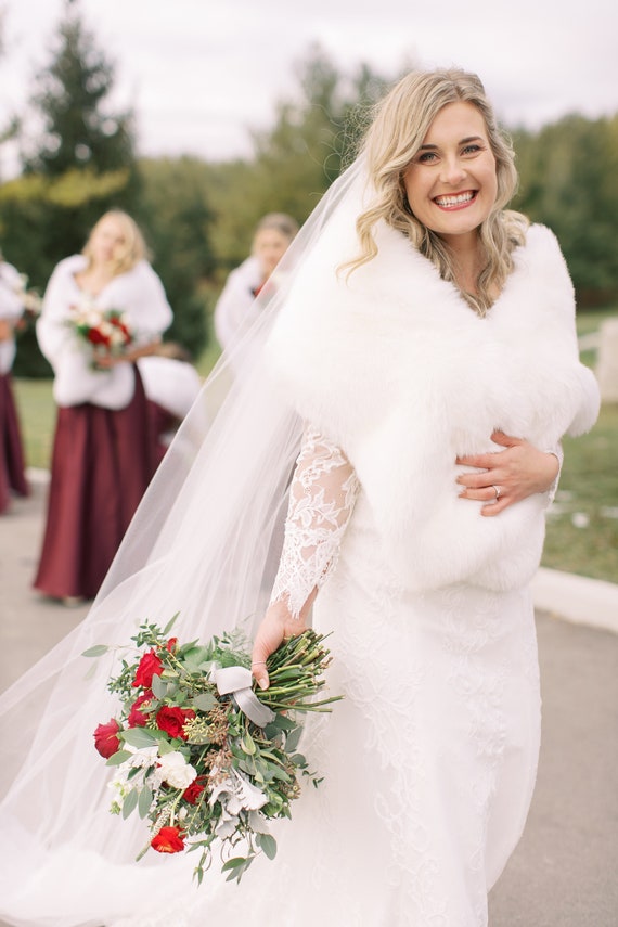 White Faux Fur Stole - White Stole - Faux Fur Wrap - Bridal Stole