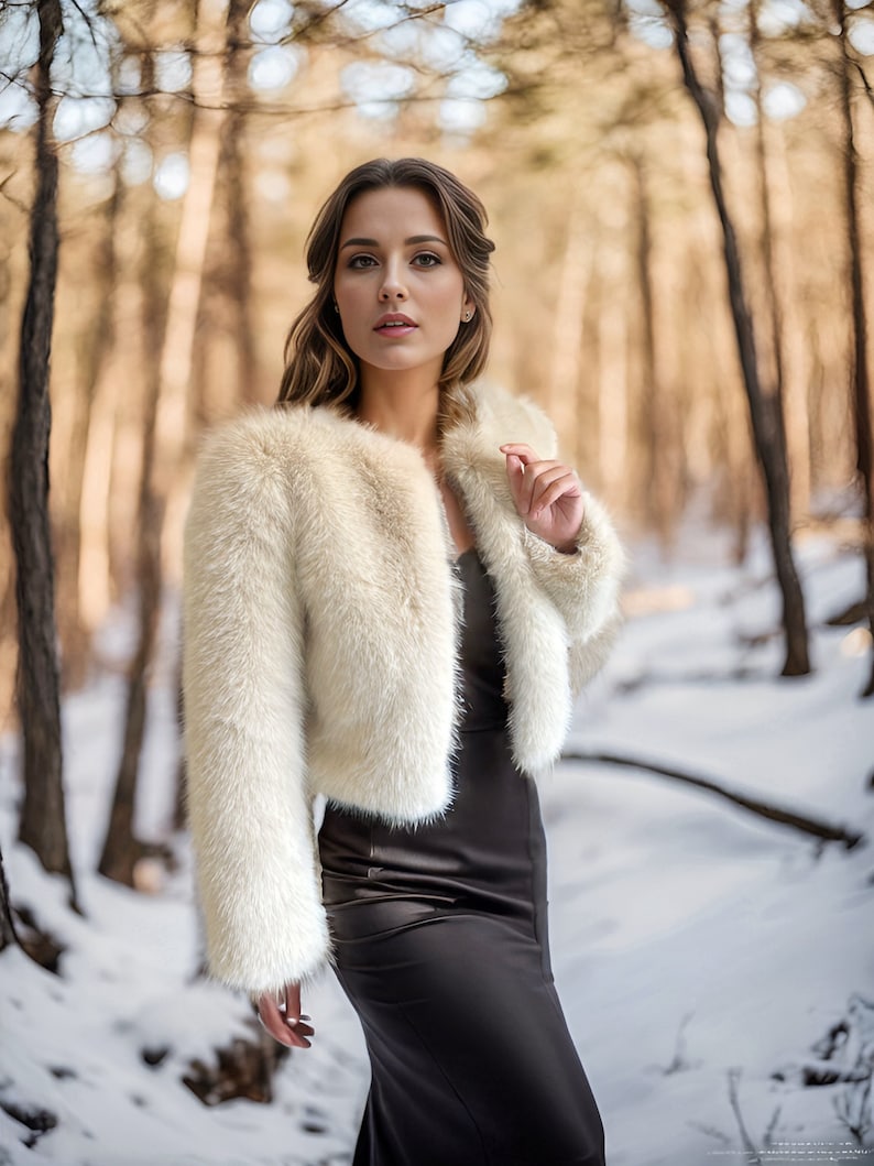 May include: A woman wearing a white faux fur jacket over a black satin dress. She is standing in a snowy forest.