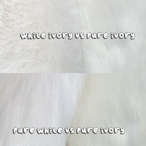 May include: Close-up of two white fur swatches, one labeled "white ivory vs pure ivory" and the other labeled "pure white vs pure ivory".