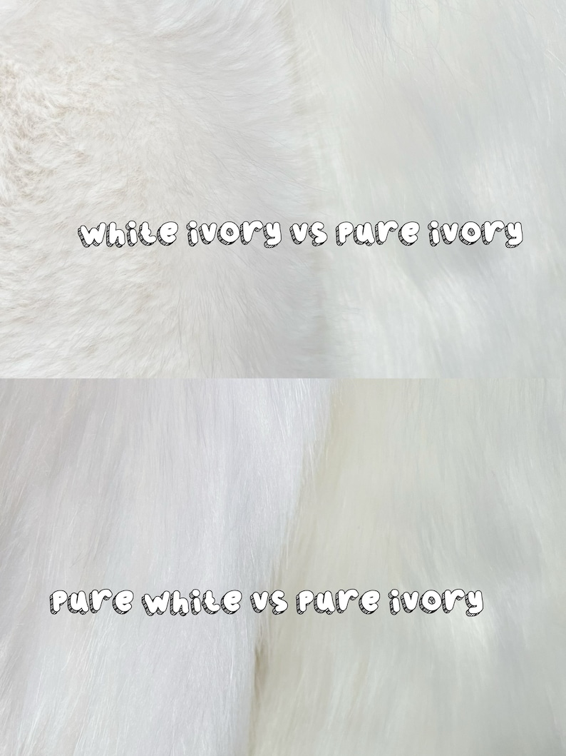 May include: Close-up of two white fur swatches, one labeled "white ivory vs pure ivory" and the other labeled "pure white vs pure ivory".