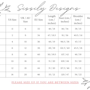 May include: Size chart for clothing with measurements in inches and centimeters. The chart includes sizes XS to XXXXL, US sizes 0 to 14, UK/AU sizes 6 to 20, EU sizes 32 to 46, length, bust, shoulder, and sleeve measurements.