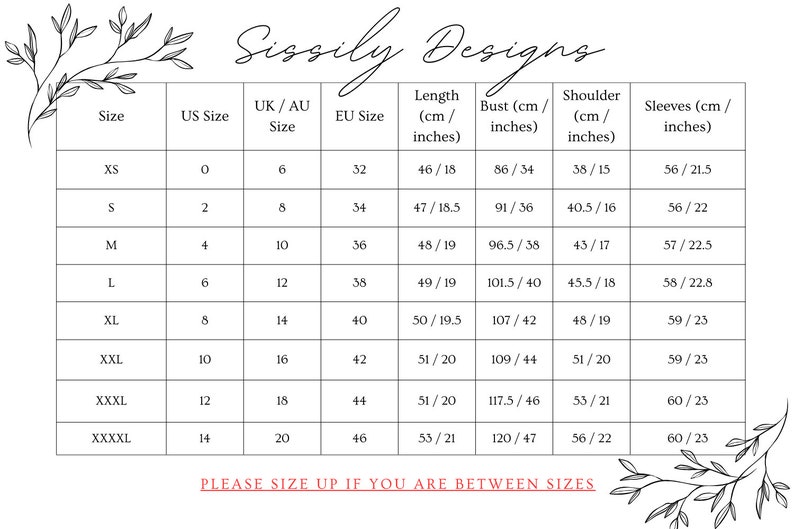 May include: Size chart for clothing with measurements in inches and centimeters. The chart includes sizes XS to XXXXL, US sizes 0 to 14, UK/AU sizes 6 to 20, EU sizes 32 to 46, length, bust, shoulder, and sleeve measurements.